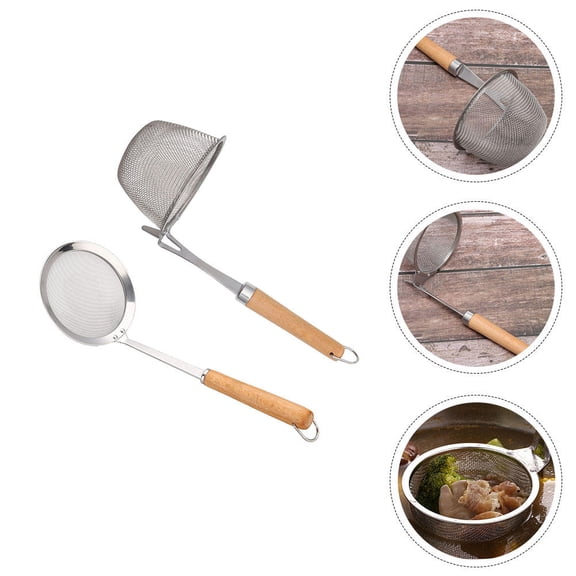 PENIKOKO Stainless Steel Colander Spoon Kitchen Gadget for Home Use with Wooden Handle and Hanging Hole, Silver