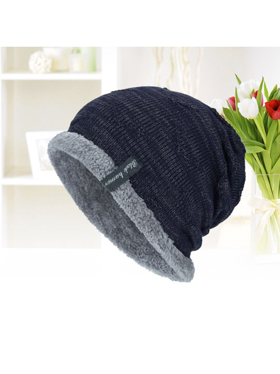 Navy Winter Knit Hat for Men, Thick Plush Lining, Warm Outdoor Cap