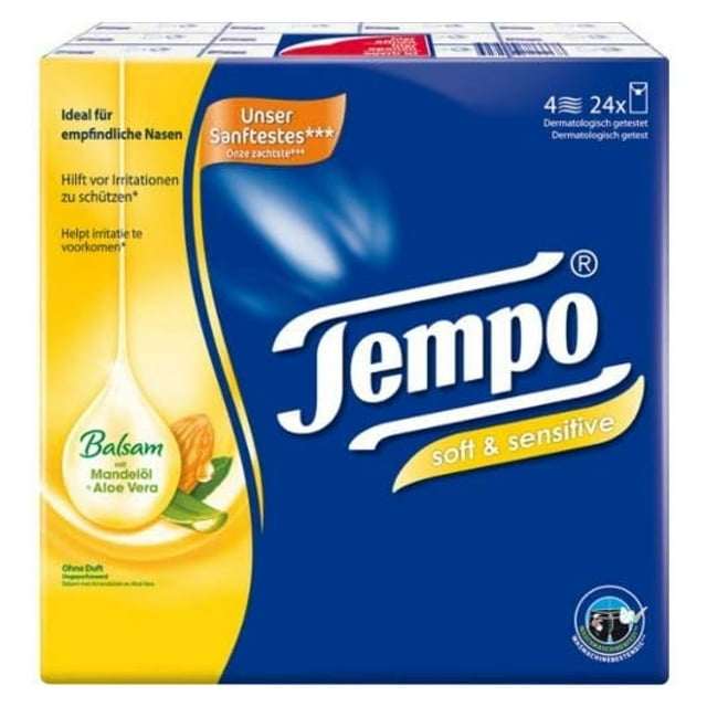 PENJIETempo Handkerchiefs 4-ply Tissues with Aloe Vera and Almond Oil -Pack of 24