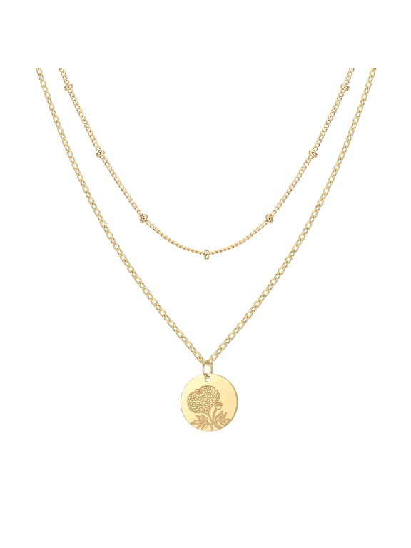 Birth Flower Necklace with Satellite Chain, 14K Gold Plated Layered Necklaces for Women, Birth Month Flower Necklace Set, Birthday Gifts - October Marigold Coin Pendant Necklace