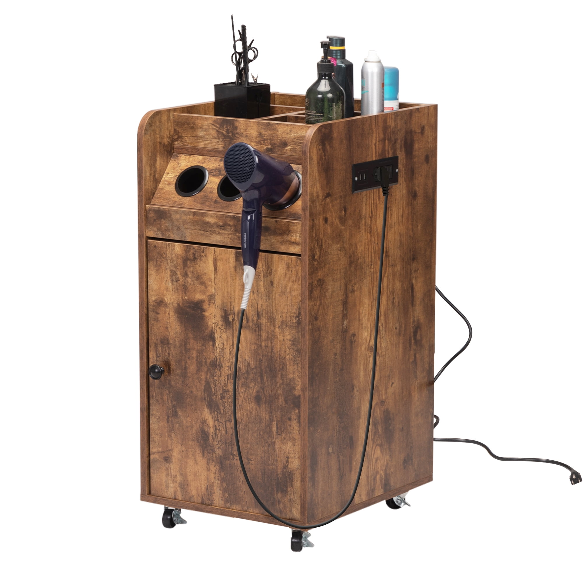 PENNYNANA Salon Trolley Storage Cart, Styling Station with Hair Dryer Holders, Socket, USB