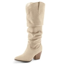 PENNYSUE Women's Knee-High Pointed Toe Beige Boots Wide Calf Mid Chunky Heel Slouchy Boots With Side Zippers Boots 8.5M