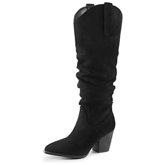 PENNYSUE Women's Knee-High Pointed Toe Black Boots Wide Calf Mid Chunky Heel Slouchy Boots With Side Zippers Boots 8M
