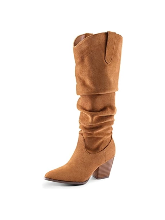 PENNYSUE Women's Knee-High Pointed Toe Camel Boots Wide Calf Mid Chunky Heel Slouchy Boots With Side Zippers Boots 8.5M