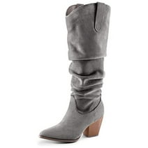 PENNYSUE Women's Knee-High Pointed Toe Grey Boots Wide Calf Mid Chunky Heel Slouchy Boots With Side Zippers Boots 8.5M