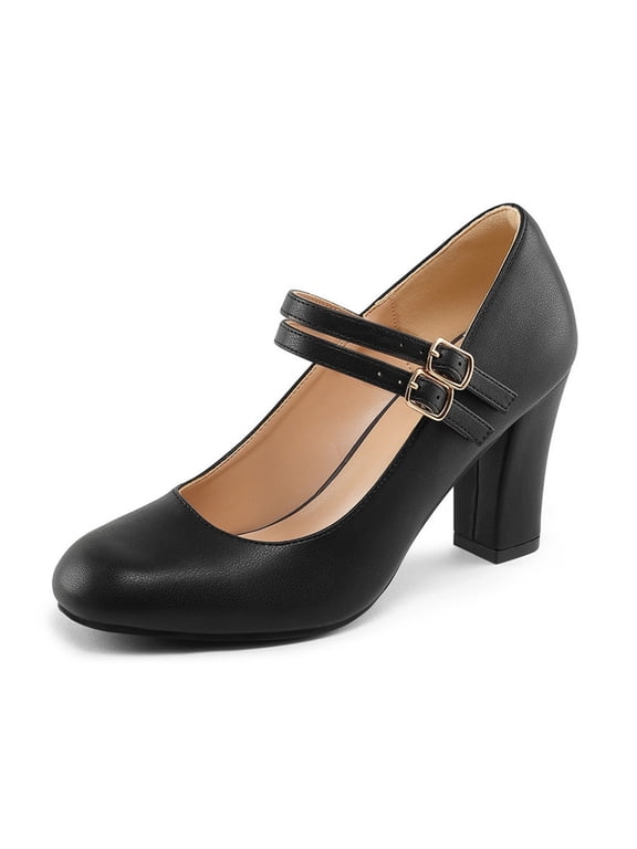 PENNYSUE Women's Mary Jane Pumps High Heels - Round and Closed Toe Shoes with Double Ankle Strap Buckle for Summer Party Wedding Occasions