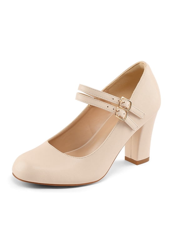PENNYSUE Women's Mary Jane Pumps High Heels - Round and Closed Toe Shoes with Double Ankle Strap Buckle for Summer Party Wedding Occasions