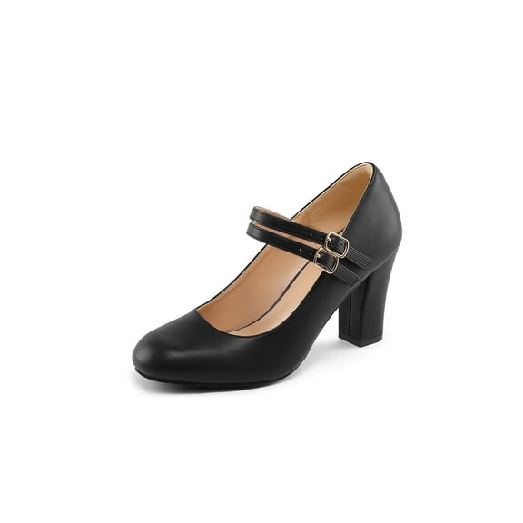 PENNYSUE Women's Mary Jane Pumps High Heels - Round and Closed Toe Shoes with Double Ankle Strap Buckle for Summer Party Wedding Occasions