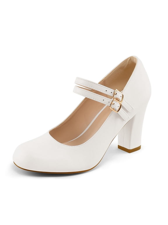 PENNYSUE Women's Mary Jane Pumps High Heels - Round and Closed Toe Shoes with Double Ankle Strap Buckle for Summer Party Wedding Occasions