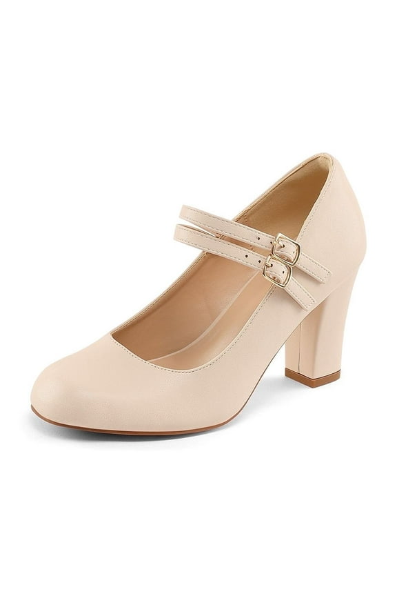 PENNYSUE Women's Mary Jane Pumps High Heels - Round and Closed Toe Shoes with Double Ankle Strap Buckle for Summer Party Wedding Occasions