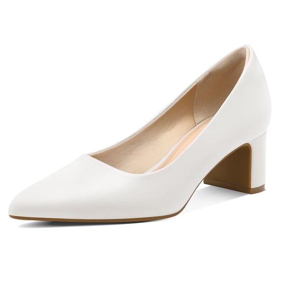 PENNYSUE Women's Pointed Toe Pumps 2 Inch Chunky Block Low Heels White Dressy Shoes Slip On Pump Size 10M