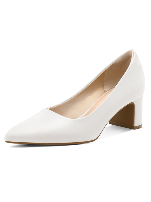 PENNYSUE Women's Pointed Toe Pumps 2 Inch Chunky Block Low Heels White Dressy Shoes Slip On Pump Size 8.5M