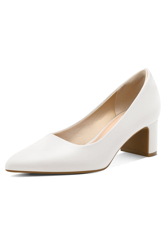 PENNYSUE Women's Pointed Toe Pumps 2 Inch Chunky Block Low Heels White Dressy Shoes Slip On Pump Size 9.5M