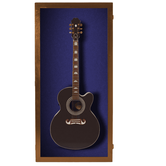 PENNZONI Acoustic Guitar Display Case, Clear Acrylic & Hardwood Cabinet, Extra Large, Walnut w/ Blue Felt