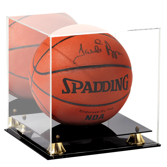 PENNZONI Basketball Display Case, Clear Acrylic Box w/ Black Acrylic Base & Gold Risers, Mirror Back