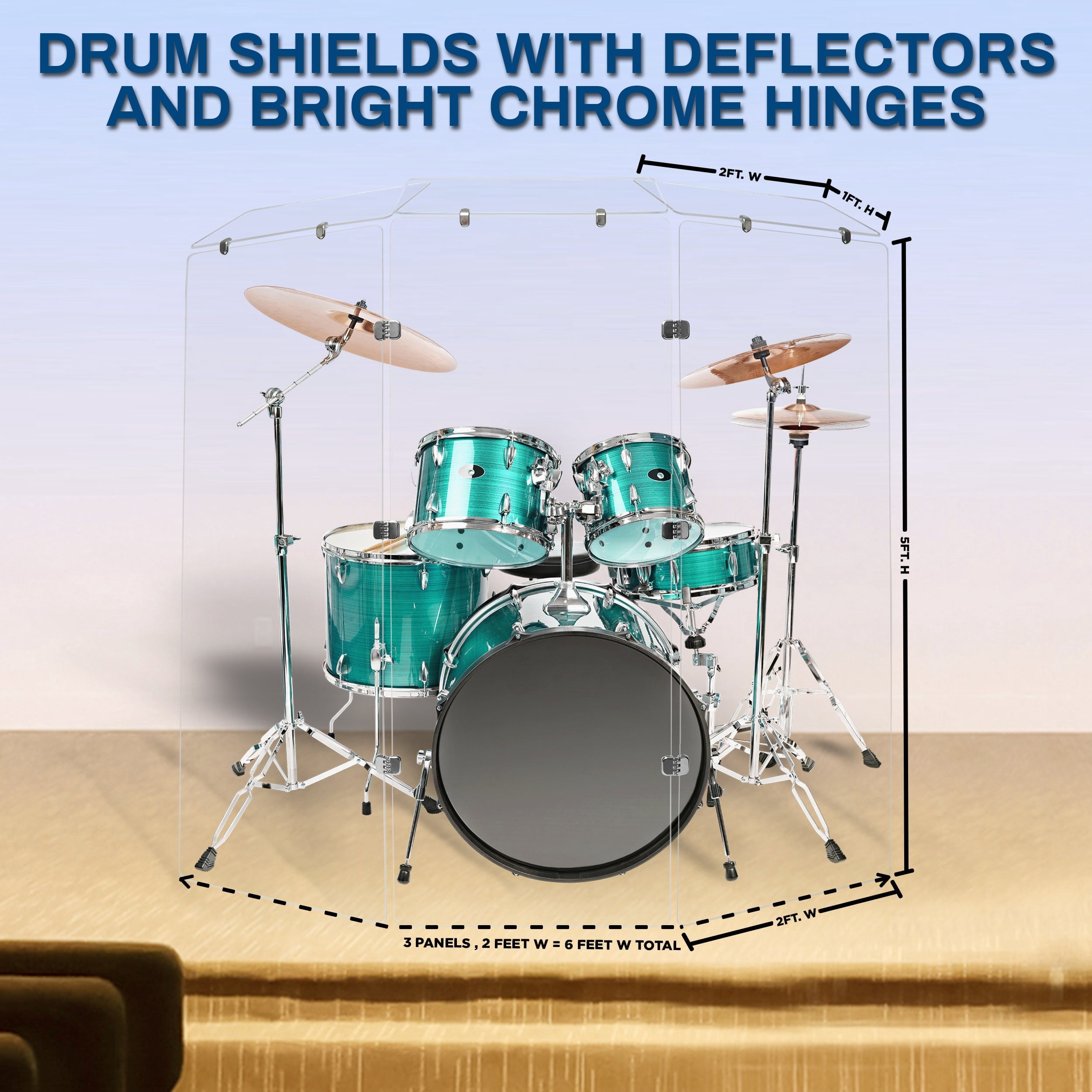 PENNZONI Drum Shield, 3 Panels & Deflectors w/ Chrome Hinges, 5 ft Clear Acrylic Panels