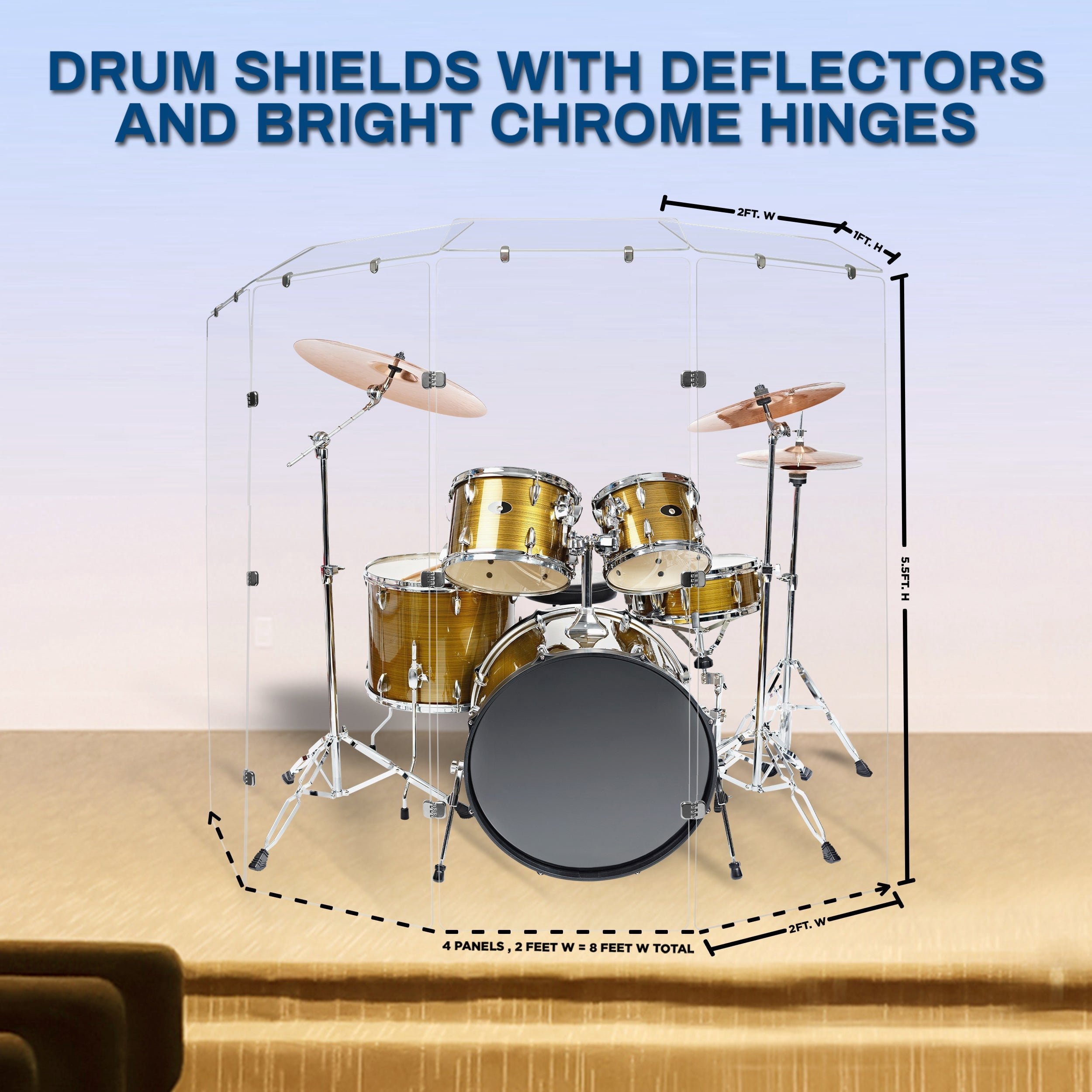 PENNZONI Drum Shield, 4 Panels & Deflectors w/ Chrome Hinges, 5.5 ft. Clear Acrylic Panels