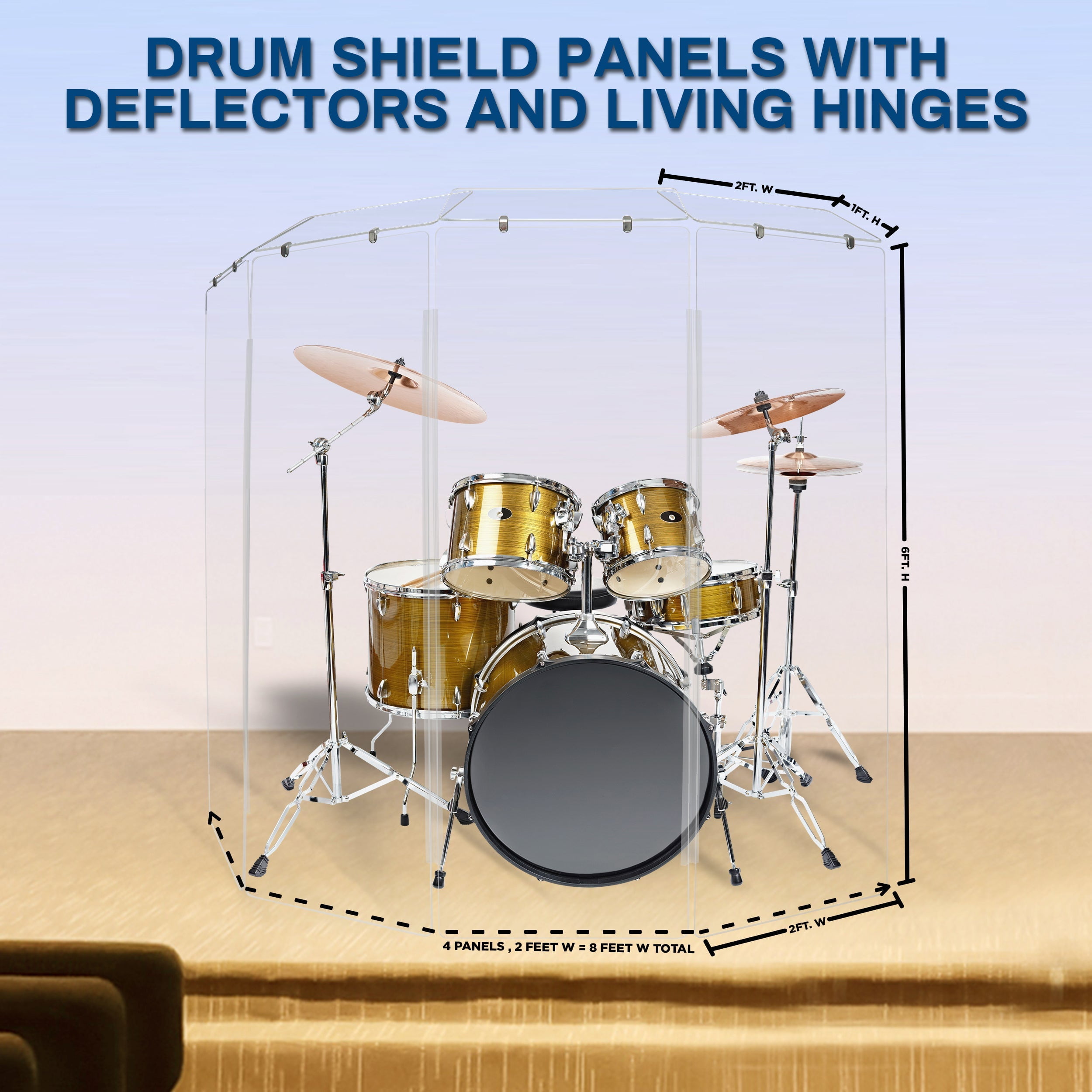 PENNZONI Drum Shield, 4 Panels & Deflectors w/ Living Hinges, 6 ft Clear Acrylic Panels