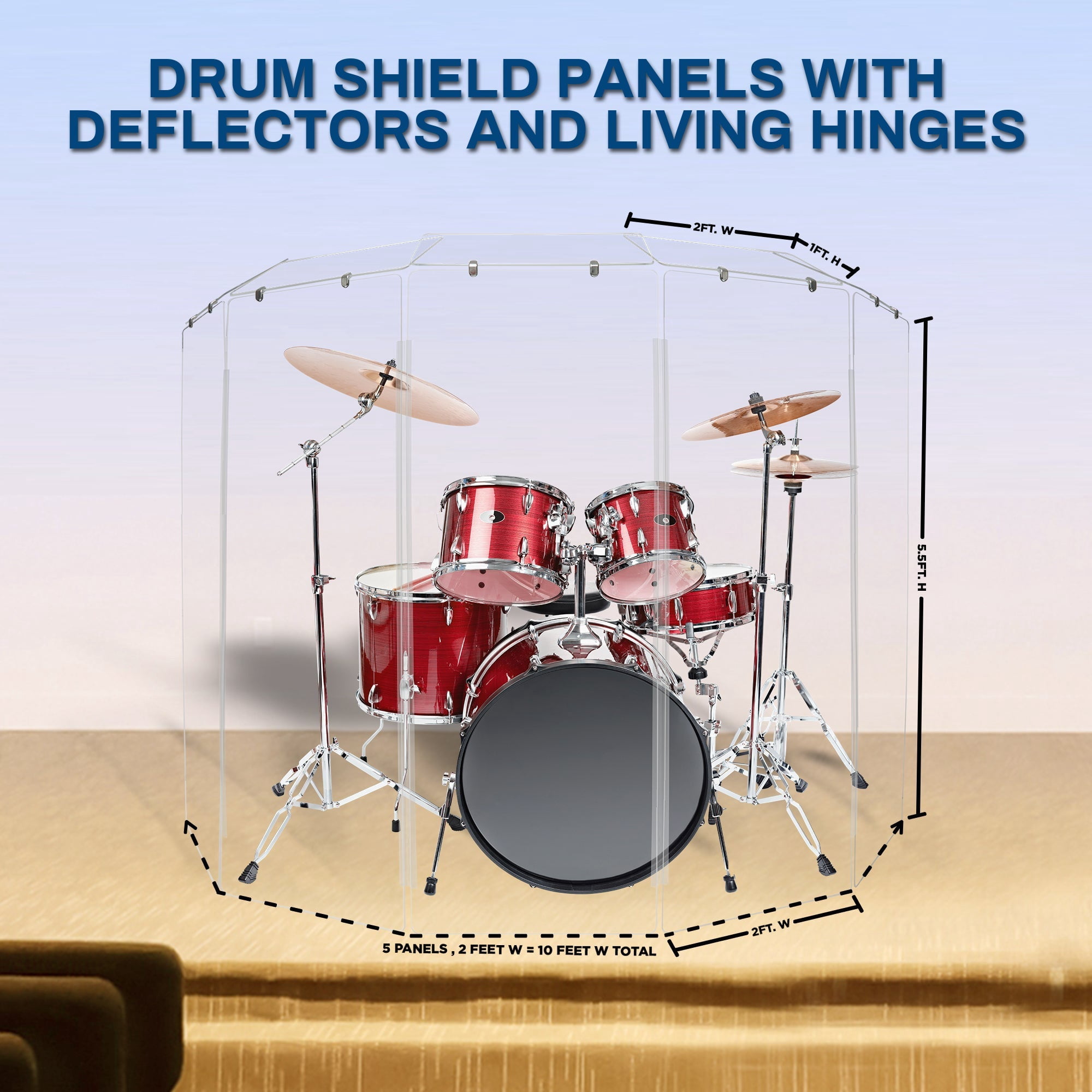 PENNZONI Drum Shield, 5 Panels & Deflectors w/ Plastic Hinges, 5.5 ft Clear Acrylic Panels