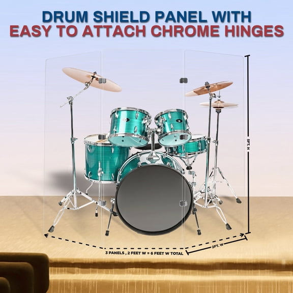 PENNZONI Drum Shield, Comes w/ 3 Panels & Chrome Hinges, 5 ft Clear Acrylic Panels