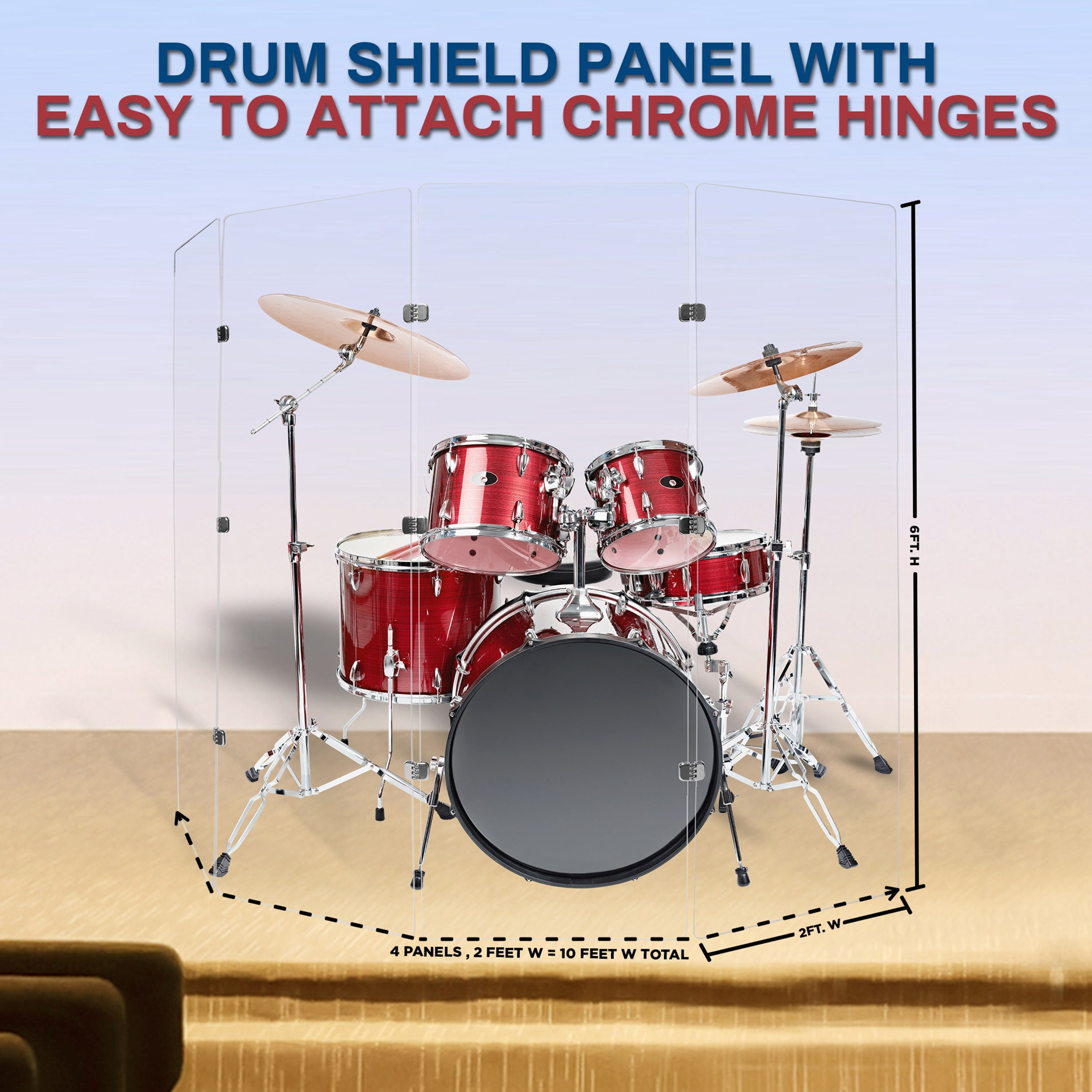 PENNZONI Drum Shield, Comes w/ 4 Panels & Chrome Hinges, 6 ft Clear Acrylic Panels