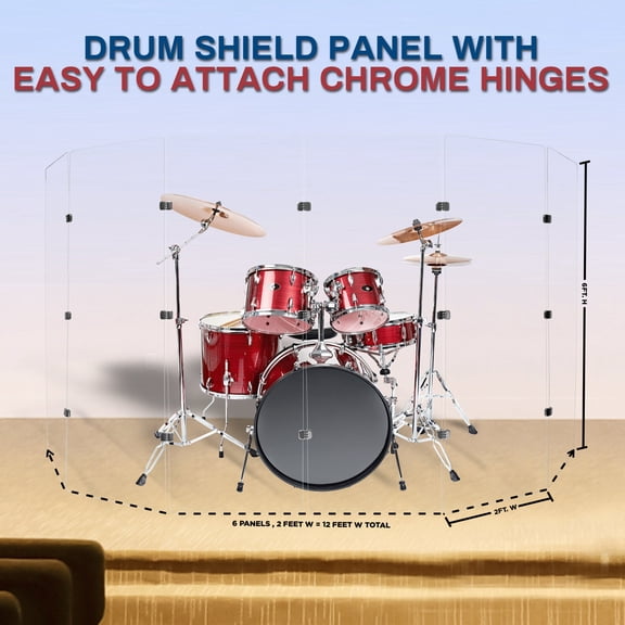 PENNZONI Drum Shield, Comes w/ 6 Panels & Chrome Hinges, 6 ft Clear Acrylic Panels
