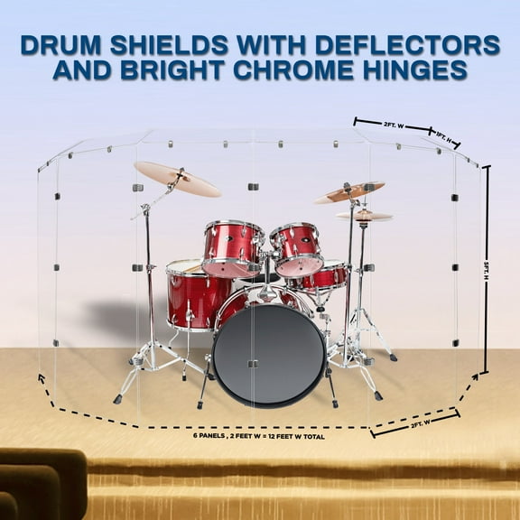 PENNZONI Drum Shield, Comes w/ 6 Panels, Deflectors & Chrome Hinges, 4 ft Clear Acrylic Panels
