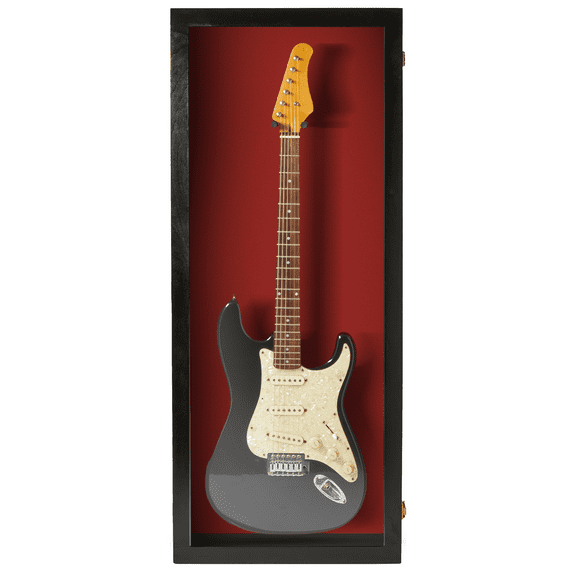 PENNZONI Electric Guitar Display Case, Clear Acrylic & Hardwood Cabinet, Black w/ Red Felt