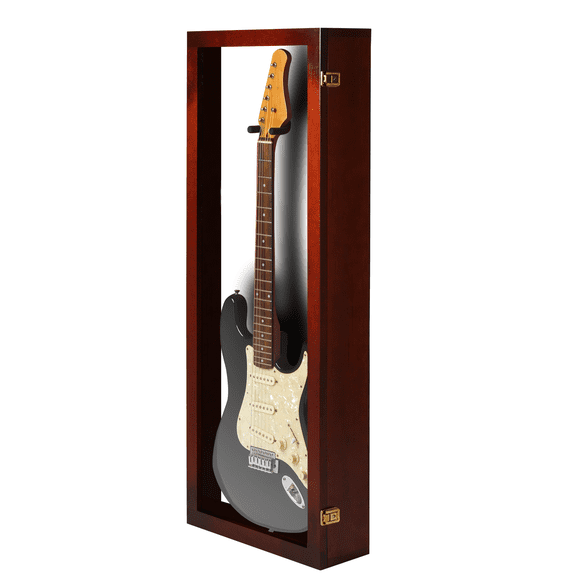 PENNZONI Electric Guitar Display Case, Clear Acrylic & Hardwood Cabinet, Cherry w/ White Felt