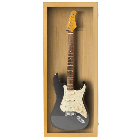 PENNZONI Electric Guitar Display Case, Clear Acrylic & Hardwood Cabinet, Golden Oak Finish, No Felt