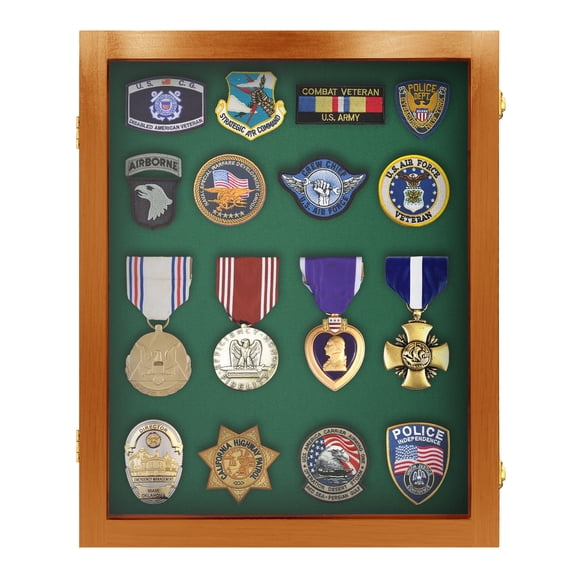 PENNZONI Medals Display Case, Military Shadow Box, Walnut w/ Green Felt Small