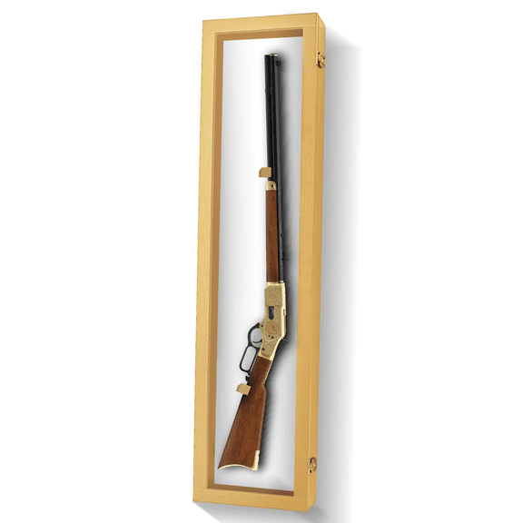 PENNZONI Rifle Gun Display Case, Clear Acrylic & Hardwood Cabinet, Golden Oak w/ White Felt