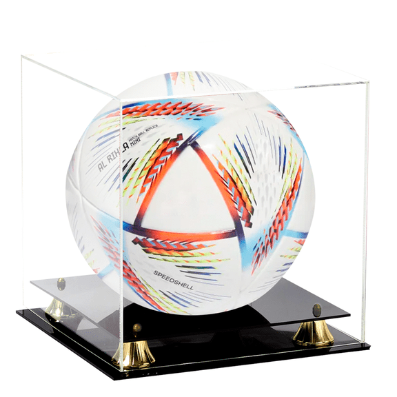 PENNZONI Soccer Ball Acrylic Display Case w/ Black Acrylic Base & Gold Risers, Clear Back