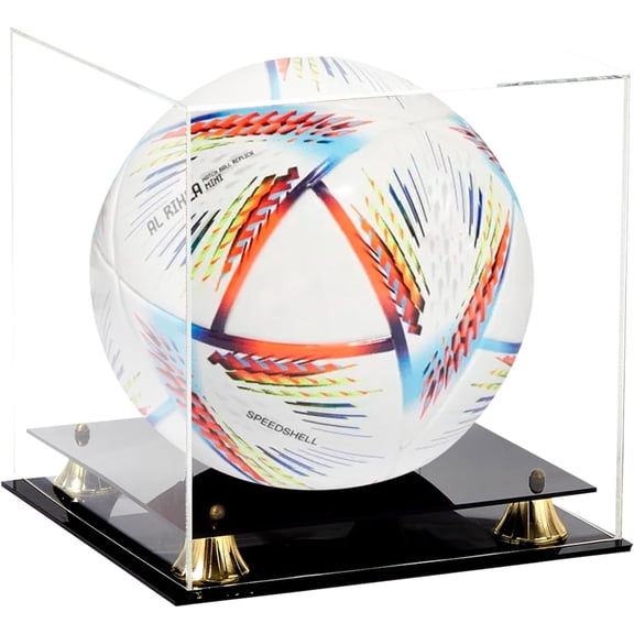 PENNZONI Soccer Ball Acrylic Display Case w/ Black Acrylic Base & Gold Risers, Clear Back