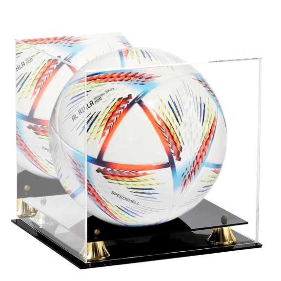 PENNZONI Soccer Ball Acrylic Display Case w/ Black Acrylic Base & Gold Risers, Mirror Back