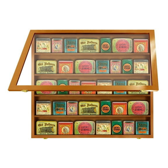 PENNZONI Tobacco Tins Display Case, Clear Acrylic Pipe Tobacco Tins Box w/ Walnut Finish