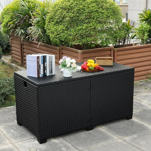 PENOVA 180 Gallon Outdoor Storage Box Large Patio Storage Bin with Waterproof Lining Bag Deck Storage Box and Cushion Storage Bin Outdoor, Black Wicker