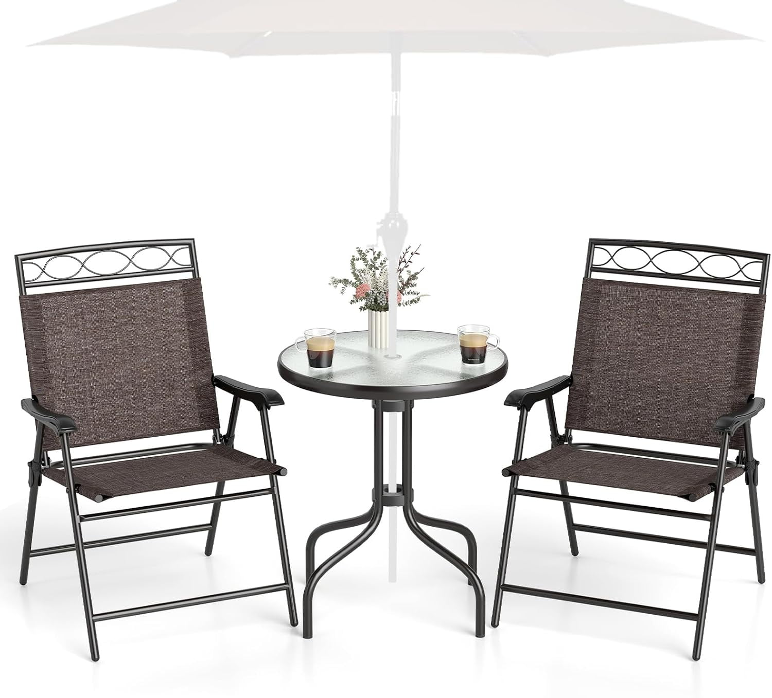 PENOVA 3 Pieces Patio Dining Set with Round Glass Table, Folding Chairs ...