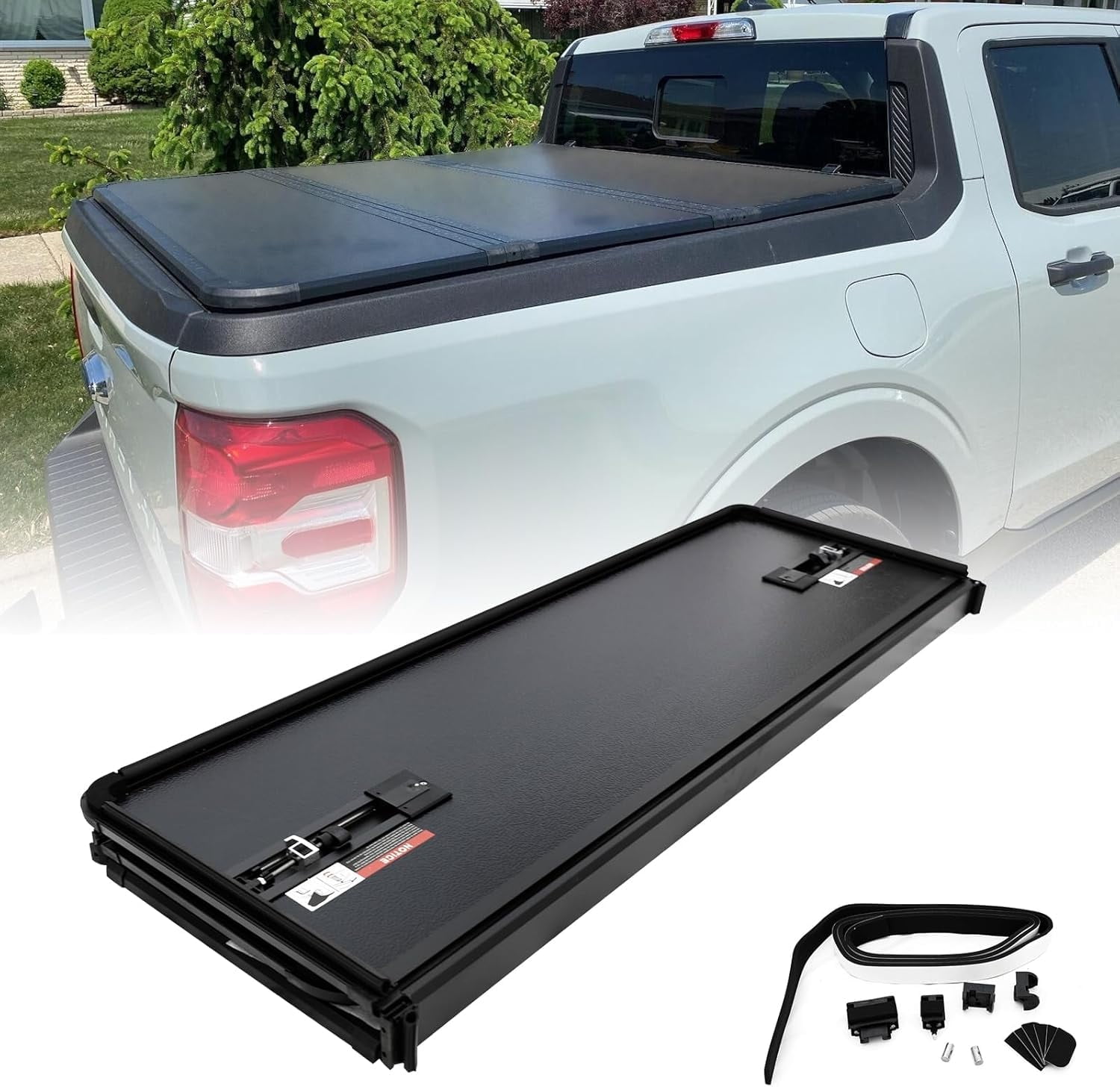 HOUGEET 4.5FT(54.4") Hard Tri-Fold Pickup Truck Bed Tonneau Cover with LED Lights Fit for 2022 2023 2024 2025 Ford Maverick Without Drilling