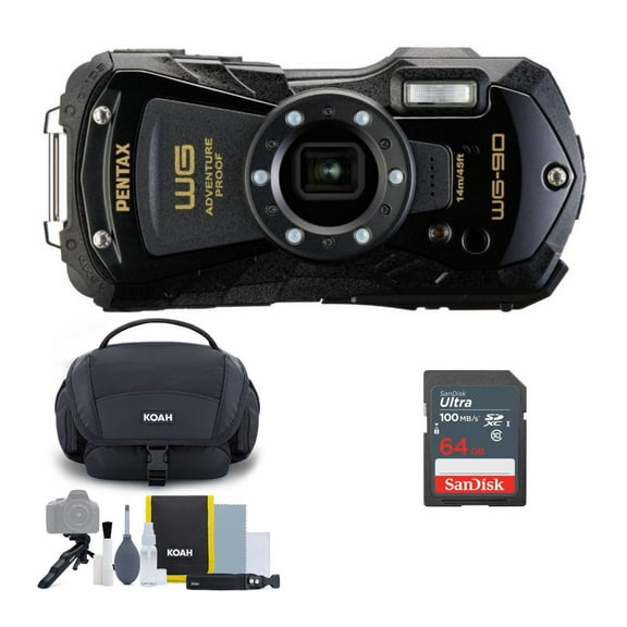 PENTAX WG-90 Compact Camera (Black) with Accessory Cleaning Kit Bag and 64GB Memory Card