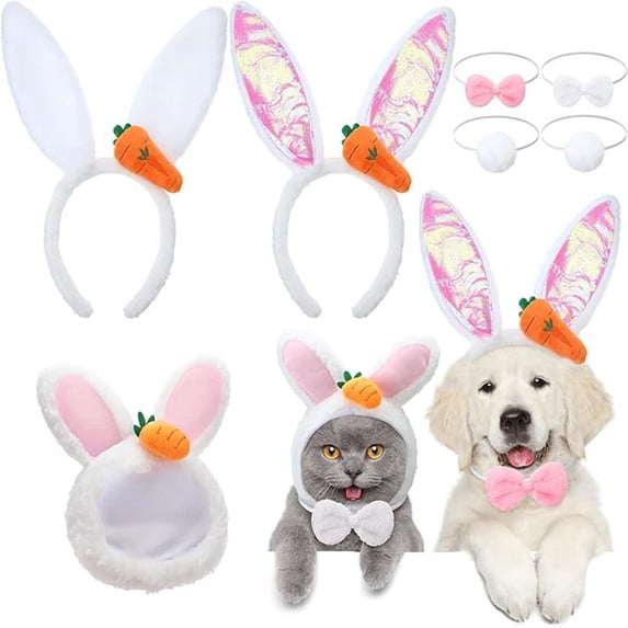 PEONAVET 3 Pcs Easter Dog Headbands, Cute Bunny Ear Headbands with 4 Bow Tie, Spring Adjustable Pet Costume for Easter Party Favors