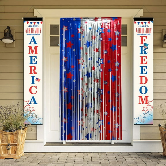 PEONAVET 4th of July Backdrop Decorations, 2 Pack Red White Blue Tinsel Foil Fringe Curtains, Patriotic Star Print Photo Backdrop Party Decorations