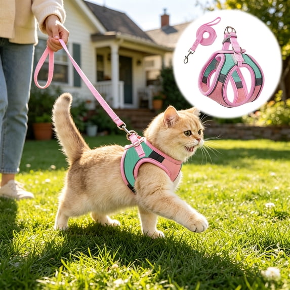 PEONAVET Cat Harness and Leash Set, Color Blocked Pet Strap And Leash Set Breathable Mesh Vests With Adjustable Straps Suitable For Small And Medium Cats And Dogs(Pink)