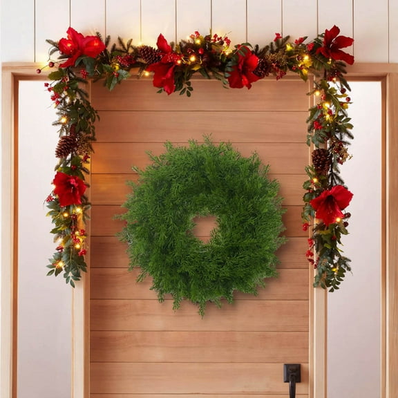 PEONAVET Christmas Wreath for Front Door, 16 Inch Green Pine Wreat Large Artificial Norfolk Pine Wreath for Winter Indoor&Outdoor Porch Windows Wall Home Decor Christmas Gifts