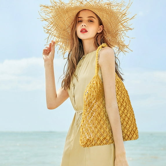 PEONAVET Crochet Mesh Beach Tote Bag for Woman, String Shoulder Handbags, Soft Foldable Swim Knitting Beach Bag for Summer Vacation(Yellow)