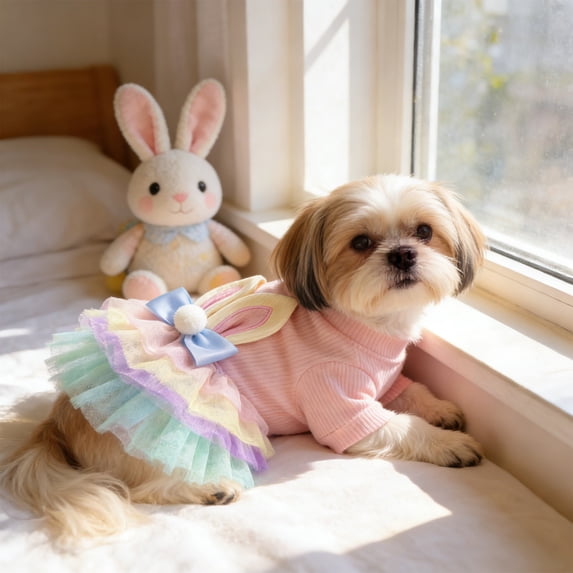 PEONAVET Easter Dog Dress,Pink Bunny Ears Pet Clothes for Small Dog Cats, Spring Puppy Dresses Tutu Skirt Pet Costume