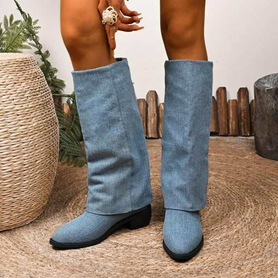 PEONAVET Flat Boots Spring Low Heel Flat Long Boots Solid Color Pointed Toe Thick Heels Knee-High Boots Christmas Gifts