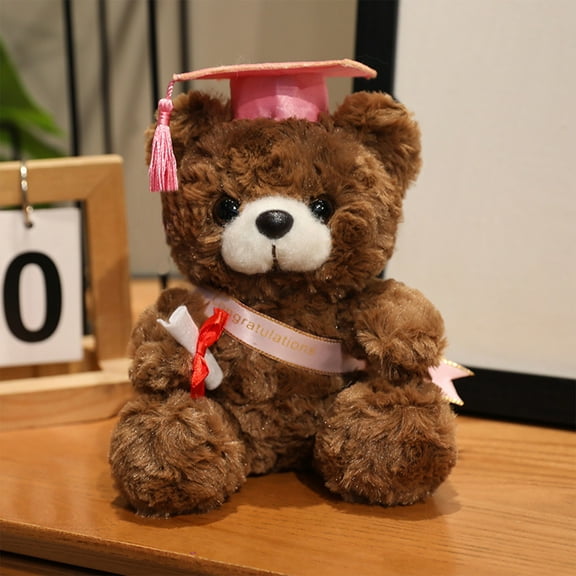 PEONAVET Graduation Bear Stuffed Animal, 7.1” Cute Brown Bear Plush Doll with Graduation Hat, Adorable Graduation Gifts for Boys and Girls(Pink)