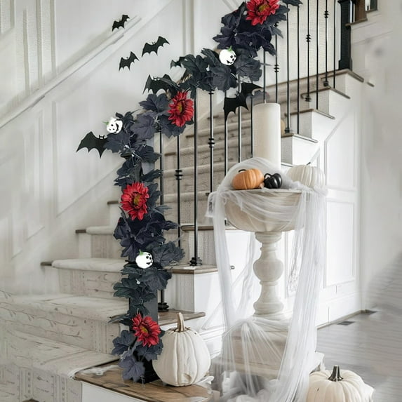 PEONAVET Halloween Garland Hanging Black Artificial Pumpkin Flower Fall Garland Gothic Halloween Garland for Indoor Outdoor Wedding Party Decorations