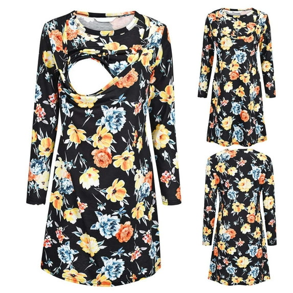 PEONAVET Labor and Delivery Gown, Nursing Nightgown, Maternity Nightgowns for Breastfeeding Comfortable Maternity Print Long sleeved Street Fashion Flower Breastfeeding Dress For Pregnant